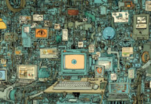 How Authority Signals Drive SEO and AI in Cannabis Marketing Illustrated digital network symbolizing AI-driven discovery systems and authority signals in cannabis advertising, featuring interconnected screens, documents, and surveillance elements.