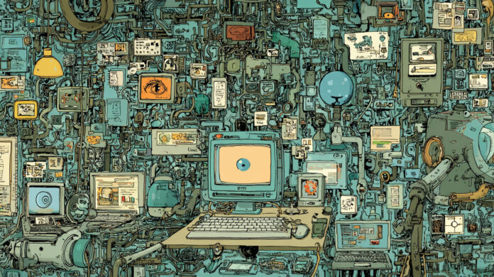 Illustrated digital network symbolizing AI-driven discovery systems and authority signals in cannabis advertising, featuring interconnected screens, documents, and surveillance elements.