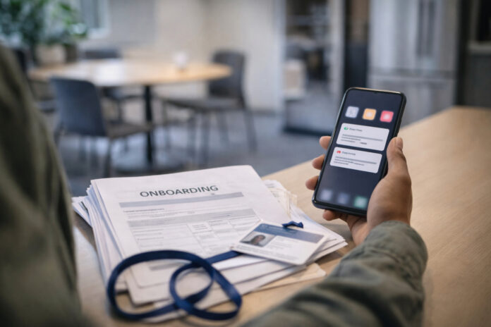 Employee onboarding paperwork and a smartphone in a workplace break area, suggesting benefits enrollment decisions.