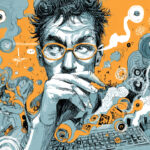 Abstract illustration of a stressed creative professional surrounded by chaotic digital media elements, representing the overwhelming complexity of cannabis advertising restrictions.