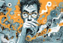 The Importance of Authority Platforms in Cannabis Advertising Abstract illustration of a stressed creative professional surrounded by chaotic digital media elements, representing the overwhelming complexity of cannabis advertising restrictions.