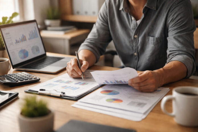 Small business leader working through financial planning documents in a modest office.