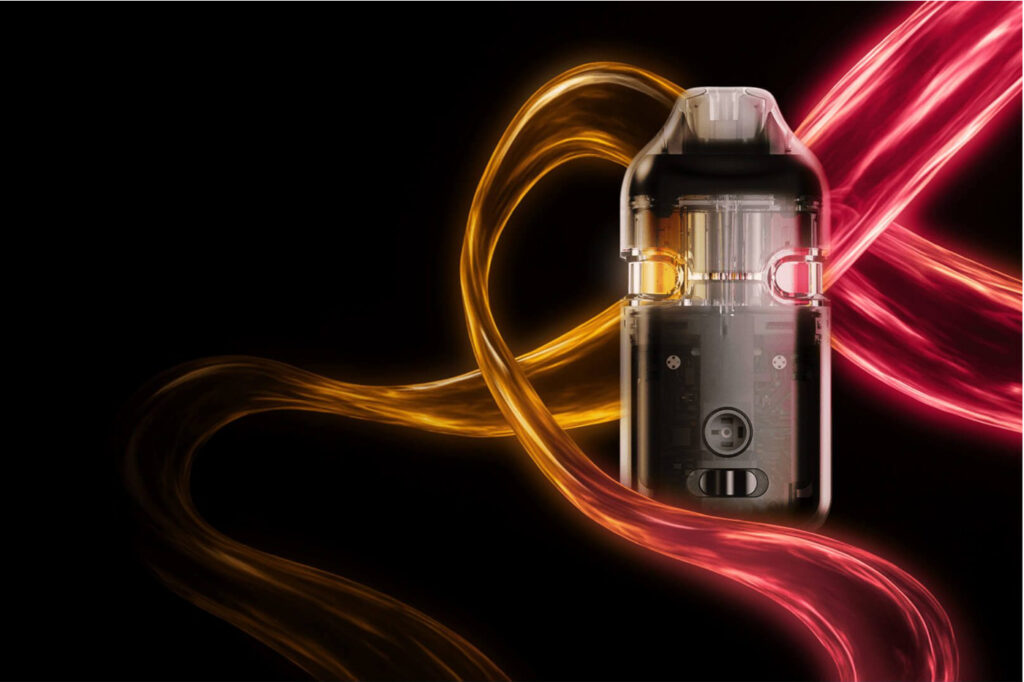 Greentank GT Fuse disposable vape with translucent body and glowing vapor trails, illustrating the Quantum Chip heating platform.