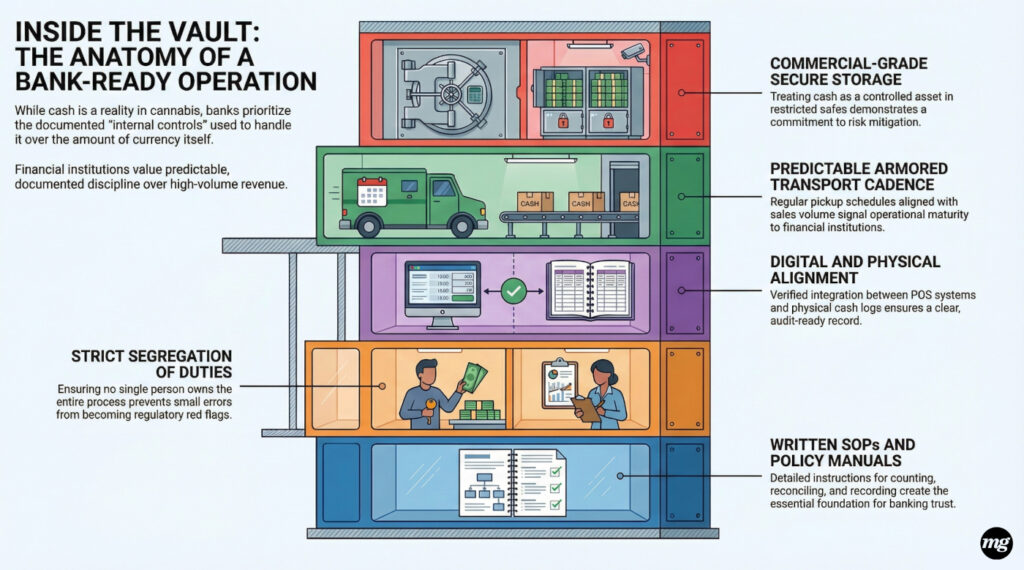 Infographic showing the Bank-Ready Blueprint for cannabis cash management, including POS integration and deposit cadence.