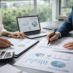 Two business professionals review financial charts and compliance documents at a desk with a laptop in a modern office.