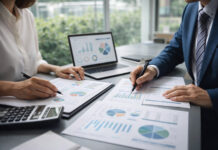 How Cannabis Businesses Should Prepare for a Potential End to 280E Two business professionals review financial charts and compliance documents at a desk with a laptop in a modern office.