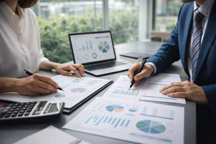 Two business professionals review financial charts and compliance documents at a desk with a laptop in a modern office.