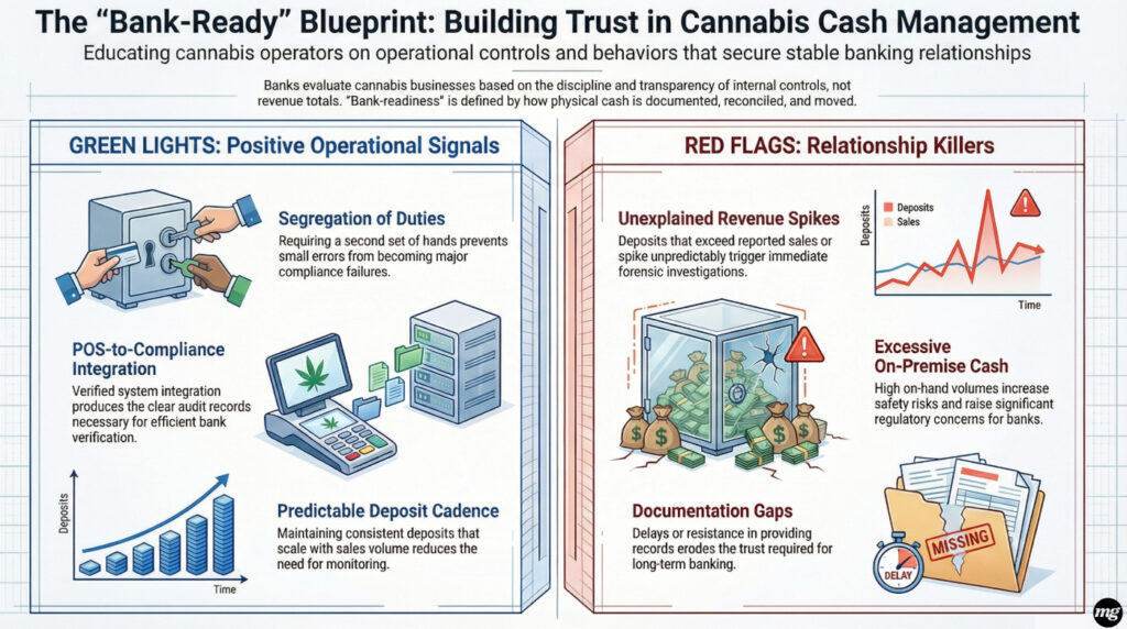 Comparison chart of cannabis banking Green Lights like segregation of duties versus Red Flags like unexplained revenue spikes.
