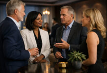 Most Influential Executives of Cannabis Awards Goes National in 2026 Four cannabis industry executives talk in an upscale networking setting, reflecting leadership, professionalism, and industry credibility.