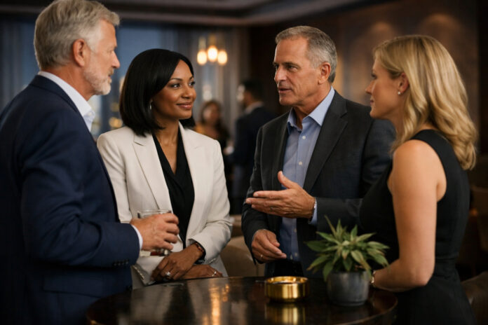 Four cannabis industry executives talk in an upscale networking setting, reflecting leadership, professionalism, and industry credibility.