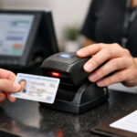 Cannabis Retail Compliance Starts at the Door Employee uses an ID scanner at a cannabis dispensary check-in counter to verify customer age and support compliance.