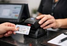 Cannabis Retail Compliance Starts at the Door Employee uses an ID scanner at a cannabis dispensary check-in counter to verify customer age and support compliance.