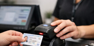 Cannabis Retail Compliance Starts at the Door Employee uses an ID scanner at a cannabis dispensary check-in counter to verify customer age and support compliance.