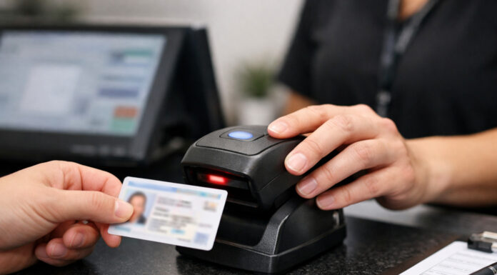 Cannabis Retail Compliance Starts at the Door Employee uses an ID scanner at a cannabis dispensary check-in counter to verify customer age and support compliance.