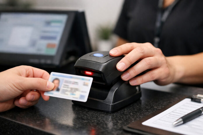 Employee uses an ID scanner at a cannabis dispensary check-in counter to verify customer age and support compliance.
