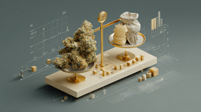 Illustration of cannabis flower being weighed on a scale against packaged goods, representing the value and pricing of a gram of cannabis in retail markets.