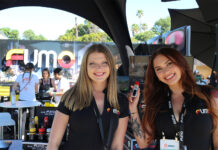 Inside Hall of Flowers Ventura 2026 Fumo brand representatives showcasing vape products at Hall of Flowers Ventura 2026 cannabis trade show in Ventura, California