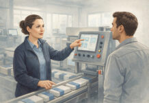In Cannabis, Competence Is Power — and Women Are Bringing Both Illustrated woman in a production setting explaining a technical process to a male colleague beside industrial equipment.