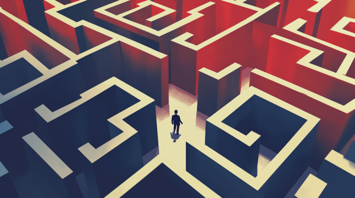 A person lost in a maze, symbolizing partial federal relief for medical cannabis operators.