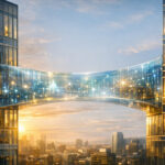 A glowing, translucent bridge of light connects two modern office buildings above a city at sunset, symbolizing the invisible trust layer between cannabis businesses and financial institutions.