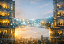 How to Build Cannabis Banking’s Missing Trust Layer A glowing, translucent bridge of light connects two modern office buildings above a city at sunset, symbolizing the invisible trust layer between cannabis businesses and financial institutions.