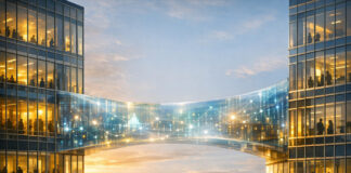 How to Build Cannabis Banking’s Missing Trust Layer A glowing, translucent bridge of light connects two modern office buildings above a city at sunset, symbolizing the invisible trust layer between cannabis businesses and financial institutions.