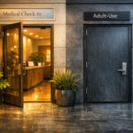 Warm, modern dispensary façade showing two side‑by‑side entrances: the “Medical Check‑In” door open and inviting with plants and golden light, and the “Adult‑Use” door closed and cool‑toned, symbolizing uneven progress under federal rescheduling.