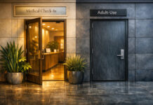 Schedule III: What It Means for Cannabis Dispensaries Warm, modern dispensary façade showing two side‑by‑side entrances: the “Medical Check‑In” door open and inviting with plants and golden light, and the “Adult‑Use” door closed and cool‑toned, symbolizing uneven progress under federal rescheduling.