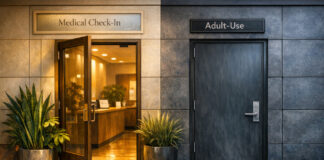Schedule III: What It Means for Cannabis Dispensaries Warm, modern dispensary façade showing two side‑by‑side entrances: the “Medical Check‑In” door open and inviting with plants and golden light, and the “Adult‑Use” door closed and cool‑toned, symbolizing uneven progress under federal rescheduling.