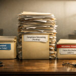 Three uneven stacks of labeled folders on a government desk symbolize the staggered pace of federal cannabis rescheduling: immediate reclassification, pending compliance rulemaking, and future hearings.
