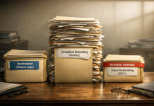 Rescheduling’s Fine Print: DEA Becomes Mandatory Middleman Three uneven stacks of labeled folders on a government desk symbolize the staggered pace of federal cannabis rescheduling: immediate reclassification, pending compliance rulemaking, and future hearings.