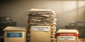 Rescheduling’s Fine Print: DEA Becomes Mandatory Middleman Three uneven stacks of labeled folders on a government desk symbolize the staggered pace of federal cannabis rescheduling: immediate reclassification, pending compliance rulemaking, and future hearings.