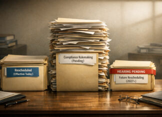 Rescheduling’s Fine Print: DEA Becomes Mandatory Middleman Three uneven stacks of labeled folders on a government desk symbolize the staggered pace of federal cannabis rescheduling: immediate reclassification, pending compliance rulemaking, and future hearings.
