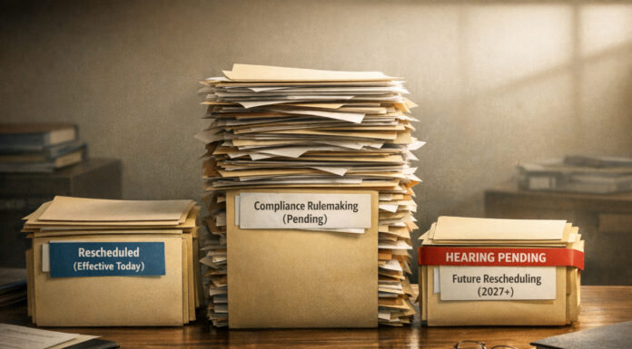 Rescheduling’s Fine Print: DEA Becomes Mandatory Middleman Three uneven stacks of labeled folders on a government desk symbolize the staggered pace of federal cannabis rescheduling: immediate reclassification, pending compliance rulemaking, and future hearings.