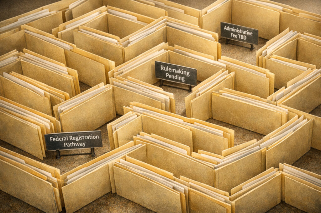 Overhead view of a maze built from upright manila folders, symbolizing the unclear federal compliance pathway for cannabis rescheduling.