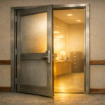 Partially open frosted-glass federal office door with warm light shining through, symbolizing a new medical cannabis registration pathway..