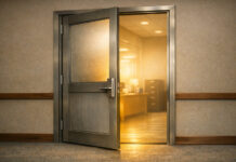 DEA Opens Medical Registration Amid House Push to Block Reform Partially open frosted-glass federal office door with warm light shining through, symbolizing a new medical cannabis registration pathway..
