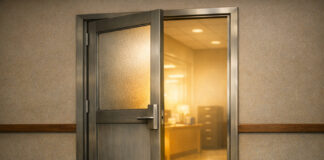 DEA Opens Medical Registration Amid House Push to Block Reform Partially open frosted-glass federal office door with warm light shining through, symbolizing a new medical cannabis registration pathway..