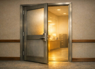 DEA Opens Medical Registration Amid House Push to Block Reform Partially open frosted-glass federal office door with warm light shining through, symbolizing a new medical cannabis registration pathway..