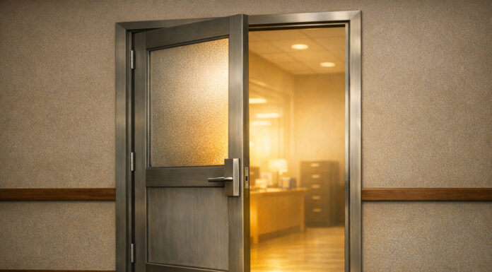 DEA Opens Medical Registration Amid House Push to Block Reform Partially open frosted-glass federal office door with warm light shining through, symbolizing a new medical cannabis registration pathway..