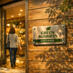 A warmly lit entrance to an eco‑friendly business with a brushed‑metal plaque reading “Green Business Certified.” Sunlight filters through leaves onto the wooden wall as a woman steps inside, symbolizing sustainability in action.