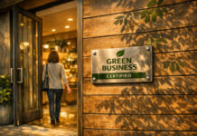 Beyond Greenwashing: Why We Pursued State Green Certification A warmly lit entrance to an eco‑friendly business with a brushed‑metal plaque reading “Green Business Certified.” Sunlight filters through leaves onto the wooden wall as a woman steps inside, symbolizing sustainability in action.