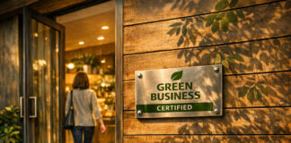Beyond Greenwashing: Why We Pursued State Green Certification A warmly lit entrance to an eco‑friendly business with a brushed‑metal plaque reading “Green Business Certified.” Sunlight filters through leaves onto the wooden wall as a woman steps inside, symbolizing sustainability in action.