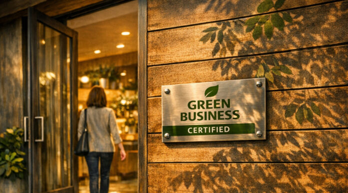 Beyond Greenwashing: Why We Pursued State Green Certification A warmly lit entrance to an eco‑friendly business with a brushed‑metal plaque reading “Green Business Certified.” Sunlight filters through leaves onto the wooden wall as a woman steps inside, symbolizing sustainability in action.