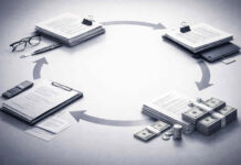 Inside the GTI-RYTHM Brand Licensing Loop Conceptual illustration of documents and money arranged in a circular flow to represent the GTI-RYTHM related-party brand licensing deal.