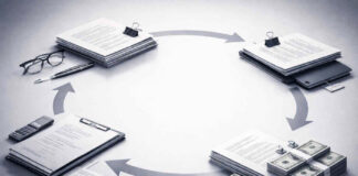 Inside the GTI-RYTHM Brand Licensing Loop Conceptual illustration of documents and money arranged in a circular flow to represent the GTI-RYTHM related-party brand licensing deal.