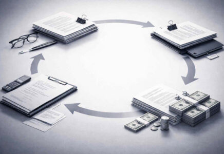 Conceptual illustration of documents and money arranged in a circular flow to represent the GTI-RYTHM related-party brand licensing deal.