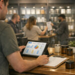 A dispensary manager using a digital tablet to plan retail strategy and inventory in a modern cannabis store.