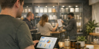 The 4/20 Shift: Why the Week Before Is Your Biggest Revenue Opportunity A dispensary manager using a digital tablet to plan retail strategy and inventory in a modern cannabis store.
