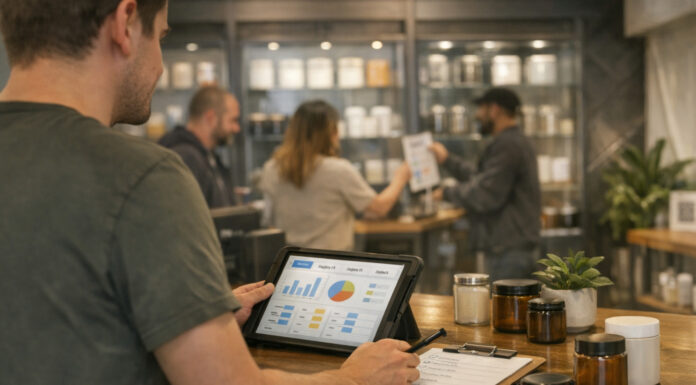 The 4/20 Shift: Why the Week Before Is Your Biggest Revenue Opportunity A dispensary manager using a digital tablet to plan retail strategy and inventory in a modern cannabis store.